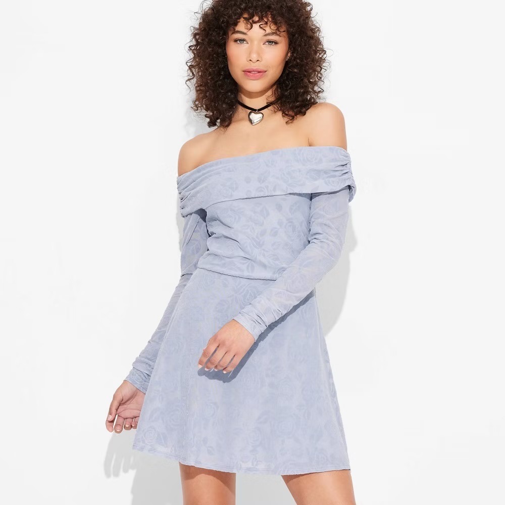 Wild Fable Blue Floral Burnout Off Shoulder Mini Dress Long Sleeve Large NWT